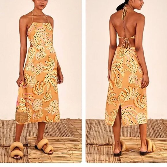 FARM Rio Dresses & Skirts - Farm Rio Caramel Raining Banana Midi Dress Linen Womens XL Orange Yellow NEW
